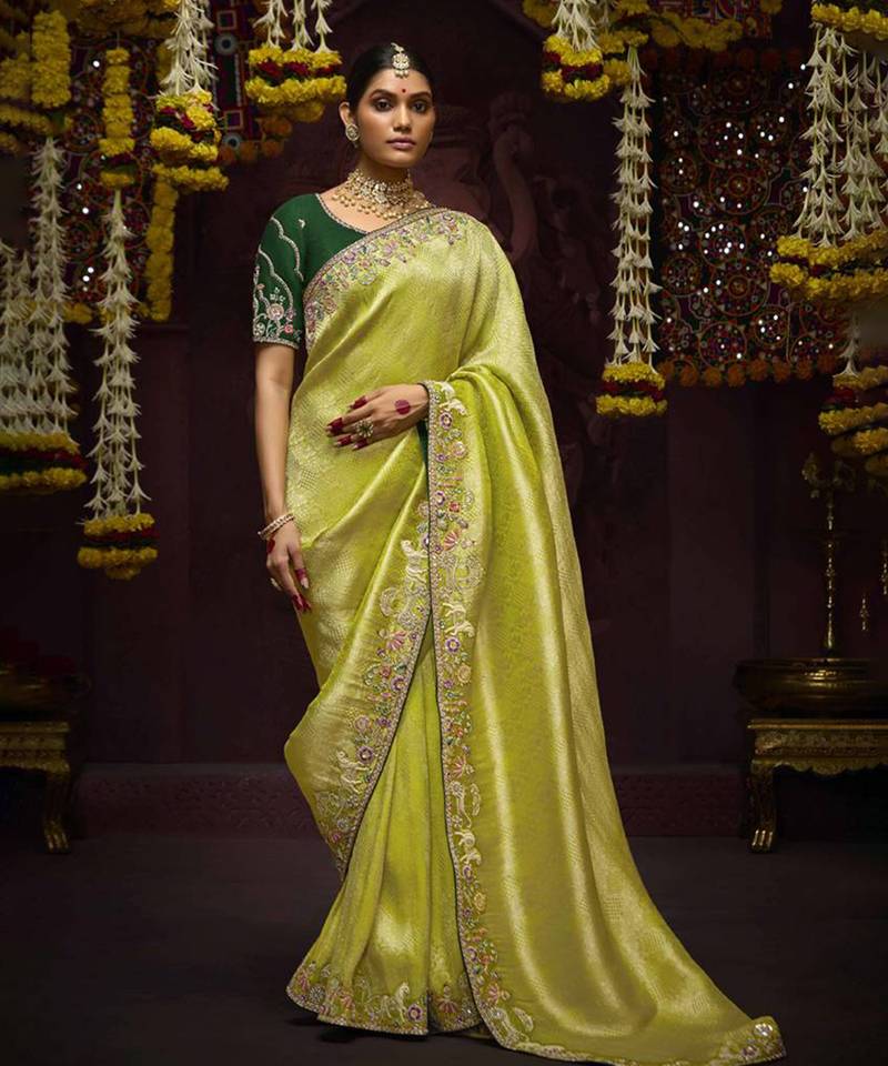 Light Parrot Green Pure Banarasi Kanjivaram Heavy Work Border Designer Saree