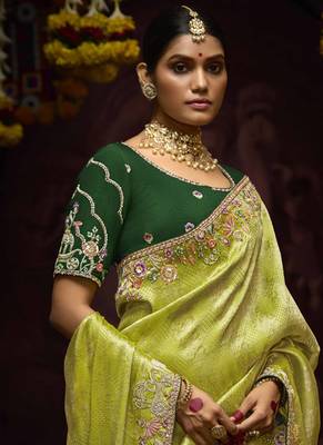 Light Parrot Green Pure Banarasi Kanjivaram Heavy Work Border Designer Saree 3