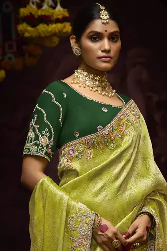 Light Parrot Green Pure Banarasi Kanjivaram Heavy Work Border Designer Saree
