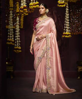 Peach Pure Banarasi Kanjivaram Heavy Work Border Designer Saree 1