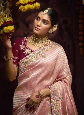 Peach Pure Banarasi Kanjivaram Heavy Work Border Designer Saree 2