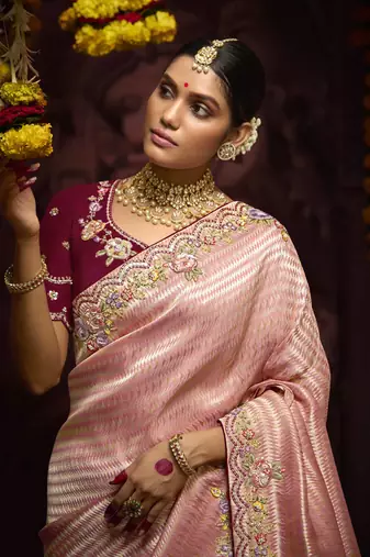 Peach Pure Banarasi Kanjivaram Heavy Work Border Designer Saree