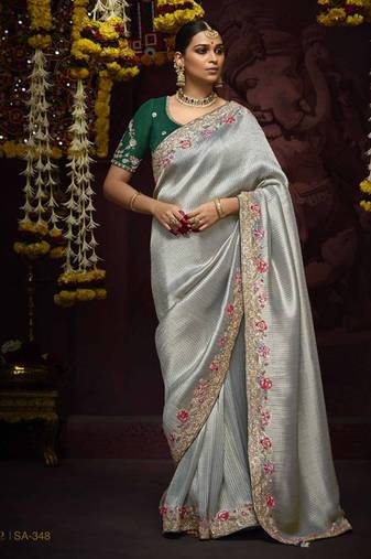 Gray Pure Banarasi Kanjivaram Heavy Work Border Designer Saree