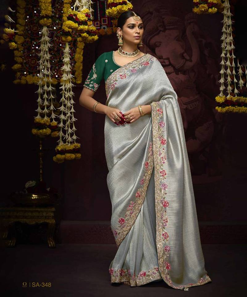 Gray Pure Banarasi Kanjivaram Heavy Work Border Designer Saree