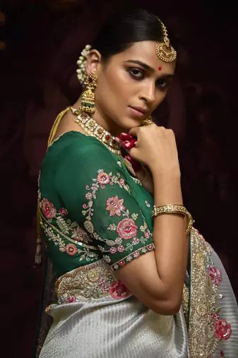 Gray Pure Banarasi Kanjivaram Heavy Work Border Designer Saree