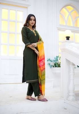 Women Viscos Weaving Straight Kurta With Pant And Dupatta Suit Set  3