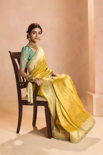 Mustrad Tissue Silk Heavy Embroidery Work Border and Heavy Handworked Blouse Designer Saree