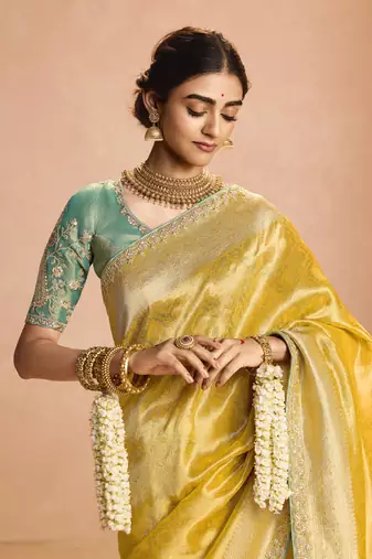 Mustrad Tissue Silk Heavy Embroidery Work Border and Heavy Handworked Blouse Designer Saree