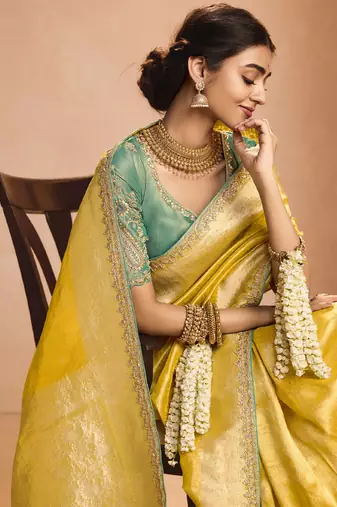 Mustrad Tissue Silk Heavy Embroidery Work Border and Heavy Handworked Blouse Designer Saree