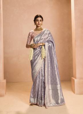 Light Lavender Tissue Silk Heavy Embroidery Work Border and Heavy Handworked Blouse Designer Saree 1
