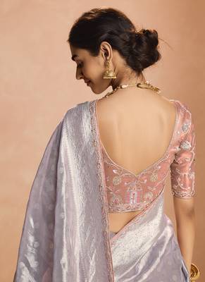 Light Lavender Tissue Silk Heavy Embroidery Work Border and Heavy Handworked Blouse Designer Saree 2