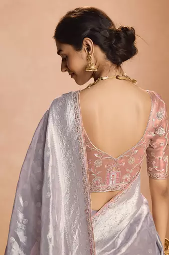 Light Lavender Tissue Silk Heavy Embroidery Work Border and Heavy Handworked Blouse Designer Saree