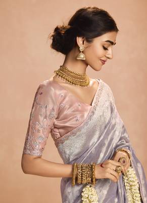 Light Lavender Tissue Silk Heavy Embroidery Work Border and Heavy Handworked Blouse Designer Saree 3