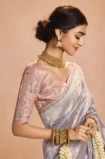 Light Lavender Tissue Silk Heavy Embroidery Work Border and Heavy Handworked Blouse Designer Saree