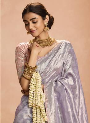 Light Lavender Tissue Silk Heavy Embroidery Work Border and Heavy Handworked Blouse Designer Saree 4
