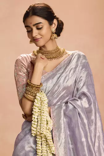 Light Lavender Tissue Silk Heavy Embroidery Work Border and Heavy Handworked Blouse Designer Saree