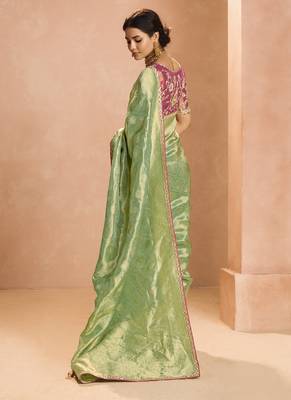 Light Green Tissue Silk Heavy Embroidery Work Border and Heavy Handworked Blouse Designer Saree 2
