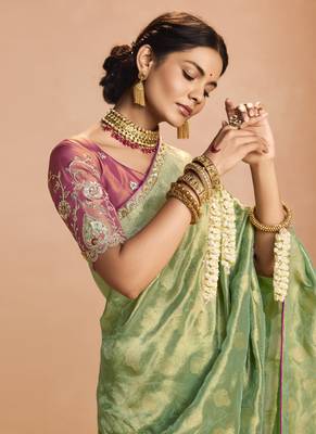 Light Green Tissue Silk Heavy Embroidery Work Border and Heavy Handworked Blouse Designer Saree 3