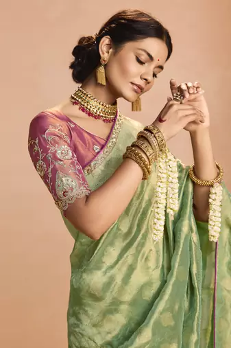 Light Green Tissue Silk Heavy Embroidery Work Border and Heavy Handworked Blouse Designer Saree