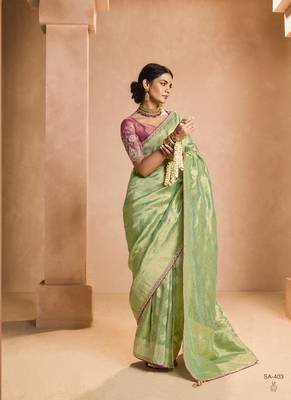 Light Green Tissue Silk Heavy Embroidery Work Border and Heavy Handworked Blouse Designer Saree 1