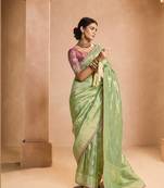 Light Green Tissue Silk Heavy Embroidery Work Border and Heavy Handworked Blouse Designer Saree