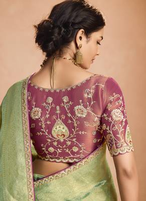 Light Green Tissue Silk Heavy Embroidery Work Border and Heavy Handworked Blouse Designer Saree 4