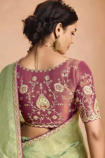 Light Green Tissue Silk Heavy Embroidery Work Border and Heavy Handworked Blouse Designer Saree