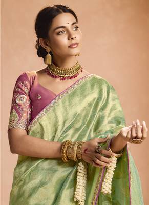 Light Green Tissue Silk Heavy Embroidery Work Border and Heavy Handworked Blouse Designer Saree 5