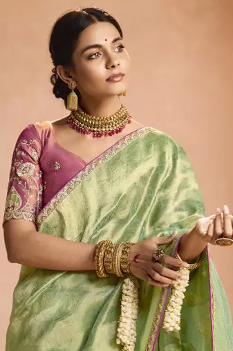 Light Green Tissue Silk Heavy Embroidery Work Border and Heavy Handworked Blouse Designer Saree