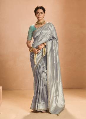 Gray Tissue Silk Heavy Embroidery Work Border and Heavy Handworked Blouse Designer Saree 1