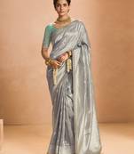 Gray Tissue Silk Heavy Embroidery Work Border and Heavy Handworked Blouse Designer Saree