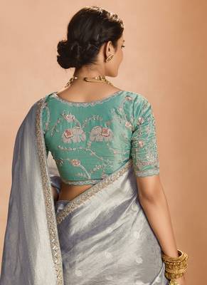 Gray Tissue Silk Heavy Embroidery Work Border and Heavy Handworked Blouse Designer Saree 2