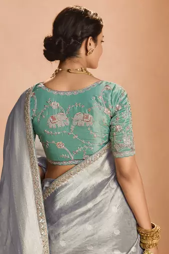 Gray Tissue Silk Heavy Embroidery Work Border and Heavy Handworked Blouse Designer Saree
