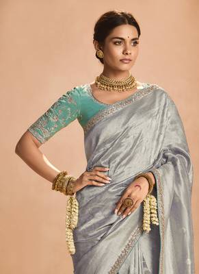 Gray Tissue Silk Heavy Embroidery Work Border and Heavy Handworked Blouse Designer Saree 3