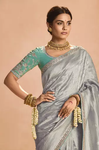 Gray Tissue Silk Heavy Embroidery Work Border and Heavy Handworked Blouse Designer Saree