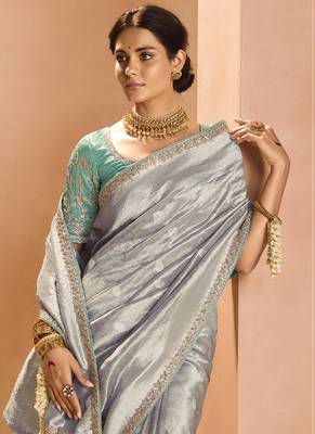 Gray Tissue Silk Heavy Embroidery Work Border and Heavy Handworked Blouse Designer Saree 4