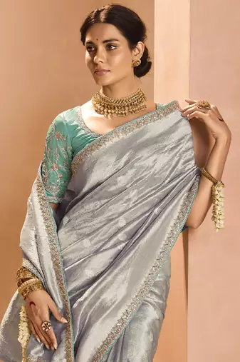 Gray Tissue Silk Heavy Embroidery Work Border and Heavy Handworked Blouse Designer Saree