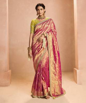 Ruby Tissue Silk Heavy Embroidery Work Border and Heavy Handworked Blouse Designer Saree 1