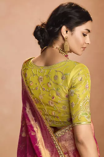 Ruby Tissue Silk Heavy Embroidery Work Border and Heavy Handworked Blouse Designer Saree