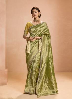 Olive Tissue Silk Heavy Embroidery Work Border and Heavy Handworked Blouse Designer Saree 1