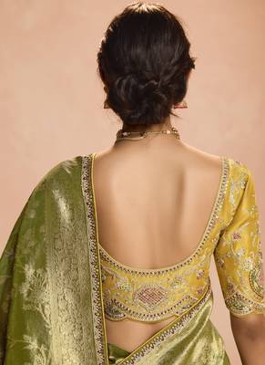 Olive Tissue Silk Heavy Embroidery Work Border and Heavy Handworked Blouse Designer Saree 2