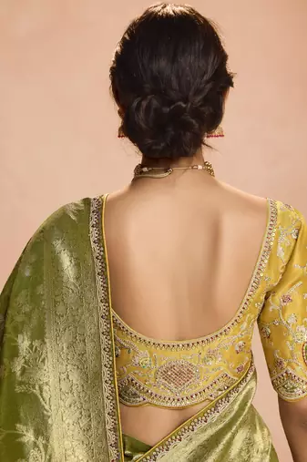 Olive Tissue Silk Heavy Embroidery Work Border and Heavy Handworked Blouse Designer Saree