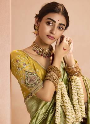 Olive Tissue Silk Heavy Embroidery Work Border and Heavy Handworked Blouse Designer Saree 3