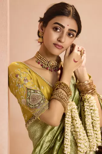Olive Tissue Silk Heavy Embroidery Work Border and Heavy Handworked Blouse Designer Saree