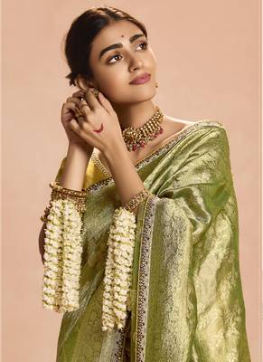 Olive Tissue Silk Heavy Embroidery Work Border and Heavy Handworked Blouse Designer Saree 4