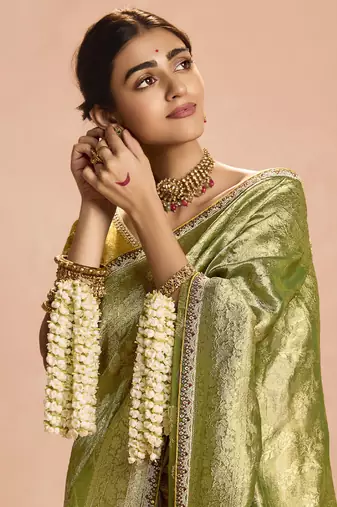 Olive Tissue Silk Heavy Embroidery Work Border and Heavy Handworked Blouse Designer Saree