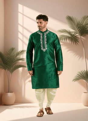 Green art silk kurta patiala for men"s 1