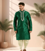 Green art silk kurta patiala for men"s