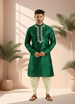 Green art silk kurta patiala for men"s 2