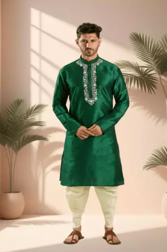 Green art silk kurta patiala for men"s